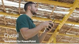  Presentation with remote - Beautiful presentation theme featuring watering robot - man operating drone with remote backdrop and a coral colored foreground