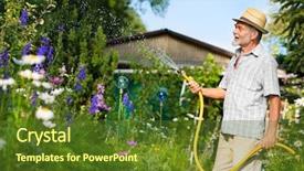  Presentation with organic garden store - PPT layouts consisting of watering the garden with hose background and a tawny brown colored foreground