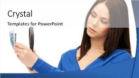  Presentation with blonde holds a magnifying glass - Beautiful PPT theme featuring watermark - beautiful woman with magnifying glass backdrop and a white colored foreground