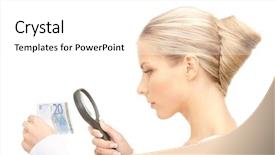  Presentation with detective magnifying glass - Audience pleasing presentation theme consisting of watermark - lovely woman with magnifying glass backdrop and a white colored foreground