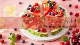  Presentation with yogurt - Colorful presentation design enhanced with watermelon-pizza-slices-with-yogurt backdrop and a red colored foreground