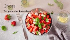  Presentation with mozzarella cheese - Beautiful PPT theme featuring watermelon-salad-with-strawberry-mozzarella backdrop and a coral colored foreground