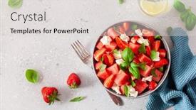  Presentation with mozzarella cheese - Slides consisting of watermelon-salad-with-strawberry-mozzarella background and a light gray colored foreground