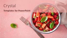  Presentation with basil seeds - Amazing presentation design having watermelon-salad-with-strawberry-raspberry backdrop and a coral colored foreground