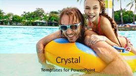  Presentation with inflatable water park - Slide set featuring waterpark - father having fun with her background and a gold colored foreground