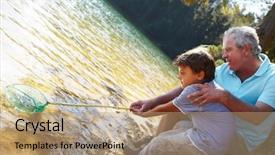  Presentation with sports fishing - Beautiful slide deck featuring waterpolo sport - man and boy fishing together backdrop and a coral colored foreground