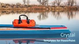  Presentation with expedition - Colorful theme enhanced with waterproof duffel on a deck of stand up paddleboard - paddling expedition concept backdrop and a ocean colored foreground