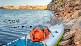  Presentation with rocky shore - Cool new presentation design with waterproofing - waterproof duffel on a deck backdrop and a light blue colored foreground