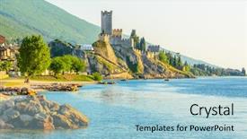  Presentation with peaceful - Cool new theme with waterscape - beautiful peaceful lake garda italy backdrop and a light blue colored foreground