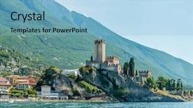  Presentation with peaceful - Slide set with waterscape - beautiful peaceful lake garda italy background and a light blue colored foreground