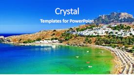  Presentation with artificial island construction - Amazing presentation design having waterscape - scenic rhodes island lindos bay backdrop and a cobalt blue colored foreground