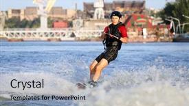  Presentation with surfing - Beautiful slide deck featuring waterskiing - wakeboarder surfing across the river backdrop and a light blue colored foreground