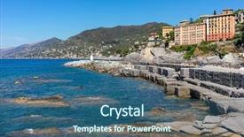  Presentation with colorful wave - Presentation theme featuring wave breaker and colorful houses background and a ocean colored foreground