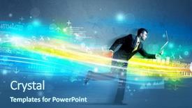  Presentation with high tech - Presentation with internet challenges - business man running with device background and a ocean colored foreground