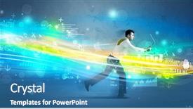  Presentation with high tech - Colorful slide set enhanced with programming contest - business man running with device backdrop and a  colored foreground