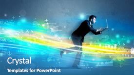  Presentation with high tech - Colorful slides enhanced with programming contest - business man running with device backdrop and a teal colored foreground