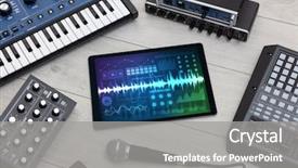  Presentation with music instruments - Colorful PPT theme enhanced with waveform - music instruments and tablet backdrop and a gray colored foreground