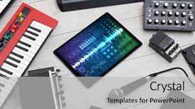  Presentation with music instruments - Amazing presentation having waveform - music instruments and tablet backdrop and a light gray colored foreground