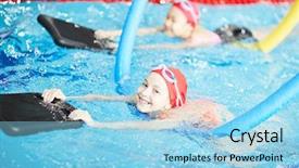 Presentation with swimming pool - Presentation theme enhanced with waves determination - smiling young swimmer using inflatable background and a light blue colored foreground