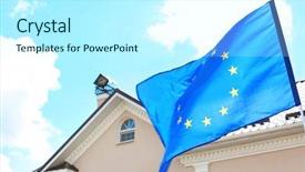  Presentation with blue sky - Colorful presentation design enhanced with waving european flag and house backdrop and a  colored foreground