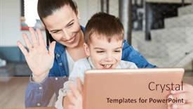  Presentation with video conferencing - Slide set with waving-mother-and-her-son background and a coral colored foreground