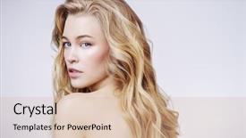  Presentation with cosmetics natural - Beautiful presentation theme featuring wavy - portrait of a beautiful blonde backdrop and a soft green colored foreground