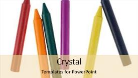  Presentation with colored pencils - Presentation theme with wax crayons isolated on white background and a blonde colored foreground