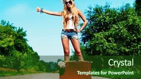  Presentation with road safety young drivers - Presentation design enhanced with way cross - pretty young woman hitchhiking along background and a forest green colored foreground