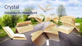  Presentation with asphalt - Slide deck enhanced with way library - flying books on asphalt road background and a sky blue colored foreground