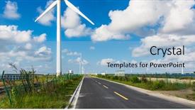  Presentation with offshore wind turbine installation - Colorful presentation theme enhanced with ways energy conservation - wind turbines on landscape along backdrop and a light blue colored foreground