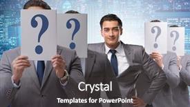  Presentation with questions answers question answer icon - Slide deck consisting of we have answers - businessman having answer to many background and a  colored foreground