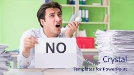  Presentation with workload - PPT theme with we have answers - businessman having problems with paperwork background and a  colored foreground