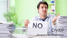  Presentation with workload - Presentation with we have answers - businessman having problems with paperwork background and a  colored foreground