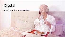  Presentation with cell - Slides consisting of we have answers - happy senior woman answering cell background and a pink colored foreground