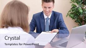  Presentation with 30 60 90 job interview - Cool new theme with we have answers - job applicant having interview backdrop and a  colored foreground