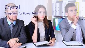  Presentation with job interview - Slide deck with we have answers - job applicants having interview background and a  colored foreground