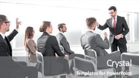  Presentation with people - Colorful slide set enhanced with we have answers - picture showing business people having backdrop and a gray colored foreground
