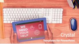  Presentation with help desk - PPT theme enhanced with we need your help text background and a coral colored foreground