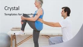  Presentation with physiotherapist - Slide set with muscle weakness - male physiotherapist examining senior woman's background and a white colored foreground