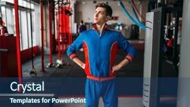  Presentation with greeiting show man - Presentation having weakness - skinny man in sportswear shows background and a ocean colored foreground