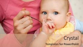  Presentation with baby food - Presentation with weaned - mother feeding baby food background and a coral colored foreground
