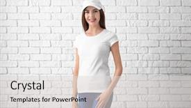  Presentation with paint white brick wall - Audience pleasing slides consisting of wear logo - beautiful young woman in stylish backdrop and a  colored foreground