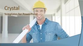  Presentation with blueprint - Audience pleasing slides consisting of wear safety glasses - confident architect holding rolled blueprint backdrop and a soft green colored foreground