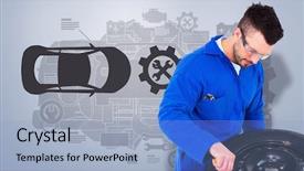  Presentation with tire waste - Slide set consisting of wear safety glasses - mechanic working on tire background and a light blue colored foreground