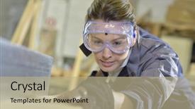  Presentation with safety training - Beautiful presentation theme featuring wear safety glasses - young woman in carpentry professional backdrop and a mint green colored foreground
