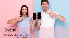  Presentation with cell phones - Amazing PPT theme having wear standing and holding cell backdrop and a coral colored foreground