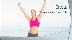 Presentation with rise - Slide set enhanced with wear view of beautiful fit woman cheering with arms rise at the beach background and a sky blue colored foreground