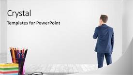  Presentation with thinking - Beautiful PPT theme featuring wear view of businessman thinking against composite image of grey card backdrop and a white colored foreground