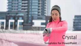  Presentation with girl running on the beach clouds - PPT layouts featuring wearable - winter running smartwatch fitness girl background and a coral colored foreground