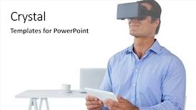  Presentation with tablet - Presentation theme having wearable computer - businessman holding tablet while wearing background and a white colored foreground